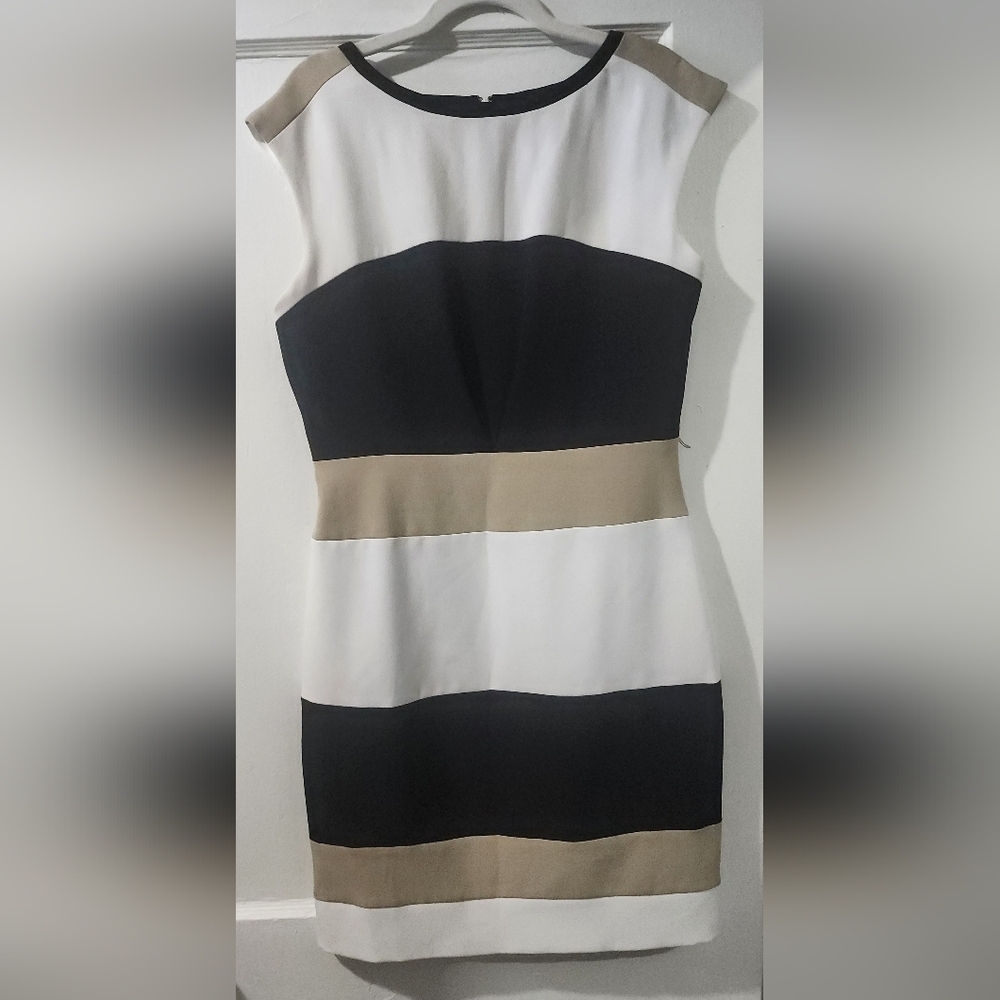 Chic Colorblock Striped Knit Sheath Dress - Black White Taupe size:10 - Picture 2 of 5